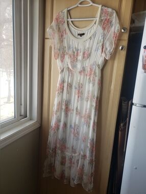 Silk Floral Ivory Maxi Dress with Pink Rose Print